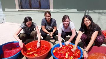 YABANCI TURİSTLER SALÇA YAPIP KİLİM DOKUDU