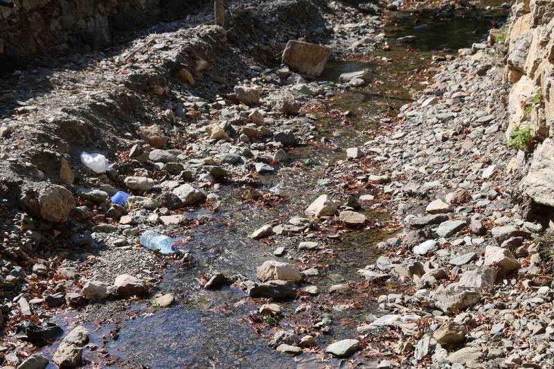 ADANA’NIN FEKE İLÇESİNDE ÇINAR AĞAÇLARININ GÖLGESİNDE, DOĞAL KAYNAK SUYUNUN BULUNDUĞU GEÇİRİMOLUK MESİRE ALANI’NA ASILAN "ÇÖP ATAN EŞEKTİR" YAZILI TABELA DİKKAT ÇEKERKEN, ÇEVREDEKİ ÇÖPLERE TEPKİ GÖSTEREN ÇOCUKLAR DERE YATAĞINDAKİ ATIKLARI TOPLADI.
