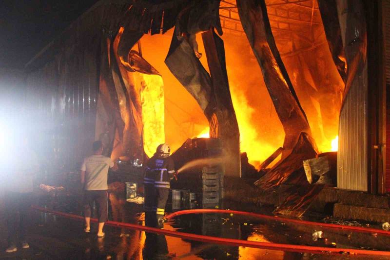 ADANA’DA SEBZE VE MEYVE HALİNDEKİ BİR İŞ YERİNDE BAŞLAYAN YANGIN 14 İŞ YERİNE DAHA SIÇRADI. 15 İŞ YERİ KÜLE DÖNERKEN EKİPLERİN YANGINI SÖNDÜRME ÇALIŞMASI SÜRÜYOR.